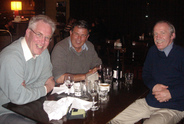 Fr Damian W-W, Lindsay, Giles Wynn-Williams Dunedin.jpg - Fr Damian Wynn-Williams, Giles Wynn-Williams and Lindsay enjoy a glass or two of refreshment.
